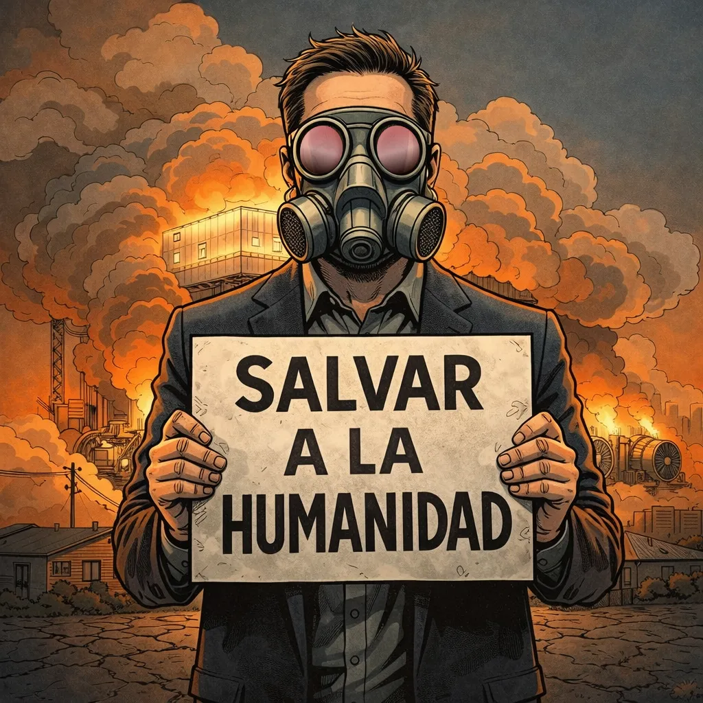 Ejecutivo tecnológico ficticio con máscara de gas sostiene un cartel que dice “Salvar a la humanidad”, frente a un entorno industrial contaminado, como alegoría del discurso corporativo sobre la inteligencia artificial.
