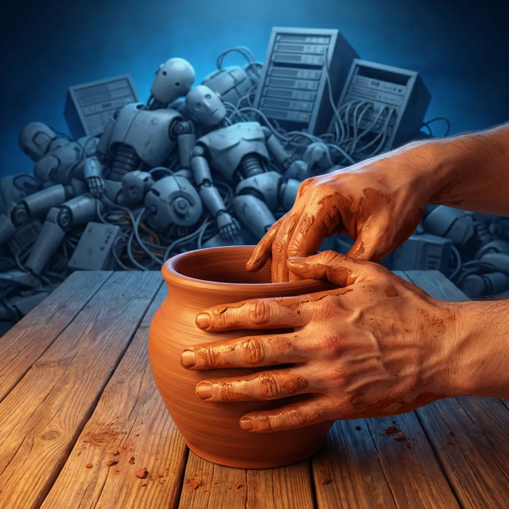 El renacimiento humano tras la burbuja de la IA Manos humanas modelando una vasija de barro sobre una mesa de madera, con robots y servidores apagados al fondo, simbolizando el retorno al trabajo humano frente a la automatización excesiva.