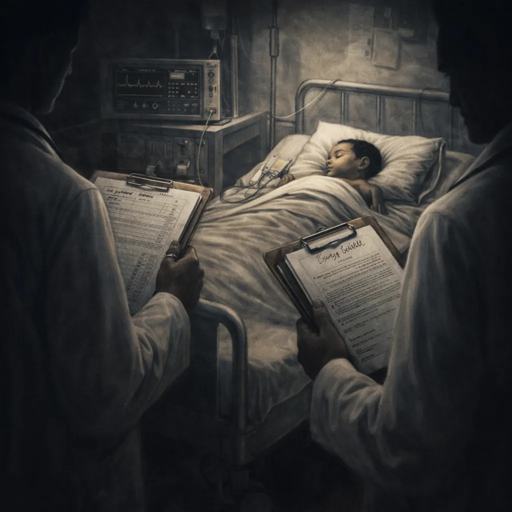 Niño hospitalizado durante un ensayo clínico experimental mientras médicos revisan consentimientos en un entorno sanitario precario