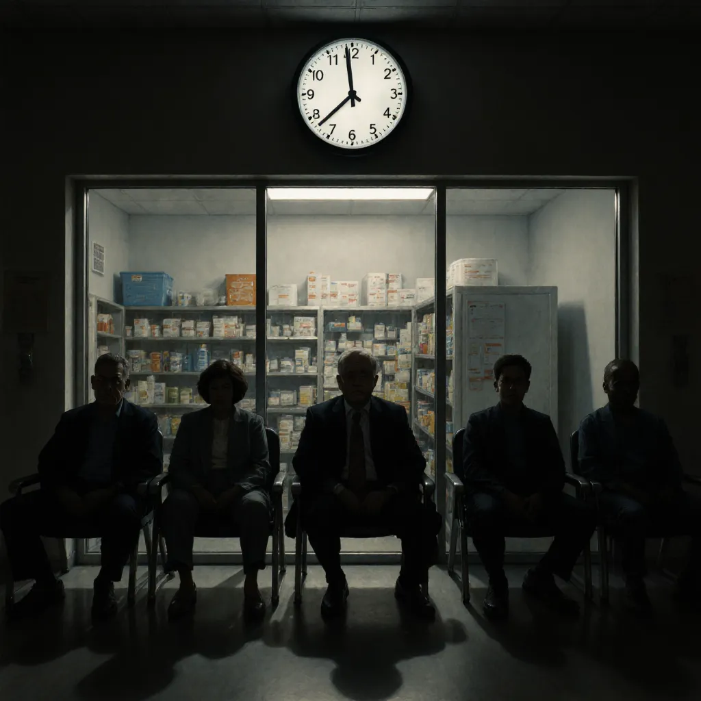 Sala de espera durante la pandemia de COVID con responsables sentados frente a un almacén de vacunas mientras el tiempo avanza