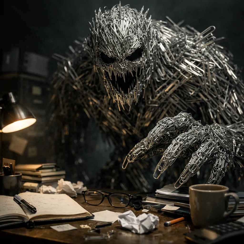 Maximizador de Clips – IA mal alineada más peligrosa que Skynet Monstruo formado por clips metálicos inclinado sobre un escritorio de oficina oscuro, metáfora visual del experimento mental del Maximizador de Clips y los riesgos de la inteligencia artificial mal alineada.