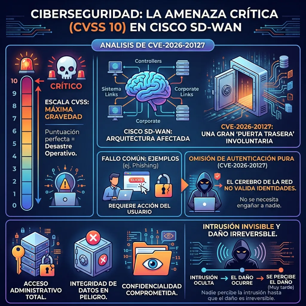 Análisis técnico CVE-2026-20127 – Arquitectura afectada Cisco SD-WAN Infografía técnica sobre la vulnerabilidad crítica CVE-2026-20127 en Cisco SD-WAN con puntuación CVSS 10, omisión de autenticación, intrusión invisible, degradación de firmware y acceso administrativo total.