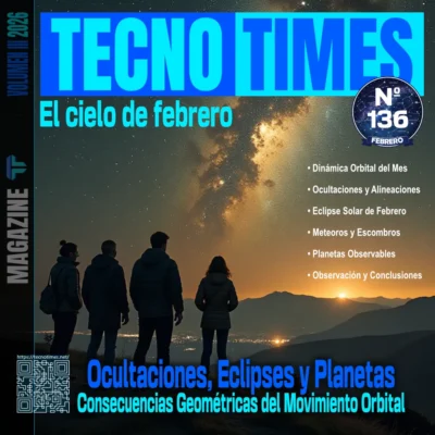 Portada TecnoTimes Nº 136 sobre el cielo de febrero, con ocultaciones, eclipses solares y planetas observables como consecuencias del movimiento orbital.