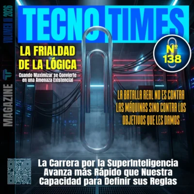 Portada TecnoTimes Nº 138 sobre el Maximizador de Clips y los riesgos de la IA mal alineada en la carrera por la superinteligencia.