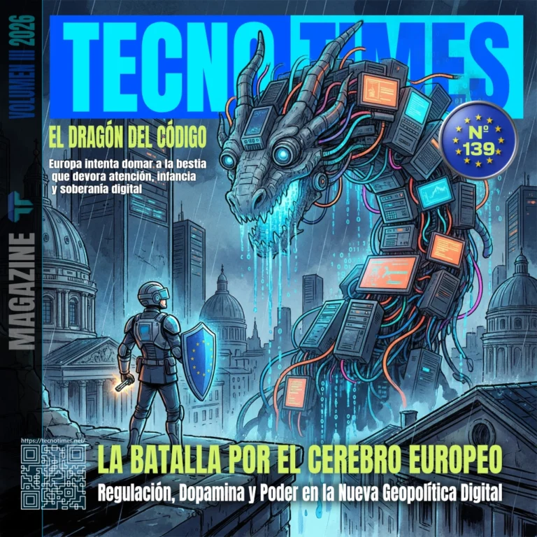 Portada TecnoTimes Nº 139 con un caballero europeo enfrentándose a un dragón formado por servidores y cables, símbolo del poder algorítmico y la regulación digital en Europa.