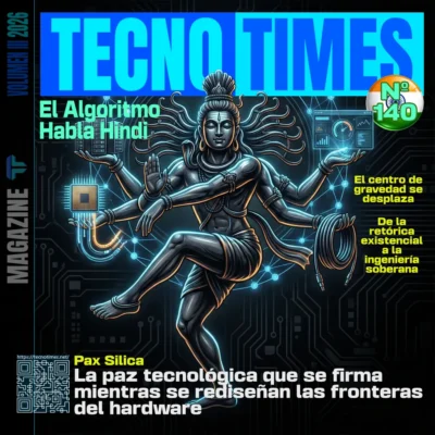 Portada Tecno Times Nº 140 con Shiva tecnológico representando la soberanía digital de India en la India AI Impact Summit 2026.
