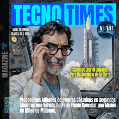 Portada TecnoTimes Nº 141 con retrato editorial frente a un cohete en rampa de lanzamiento y el mensaje sobre la paradoja entre procesamiento de datos cósmicos y fallos técnicos en misiones espaciales.