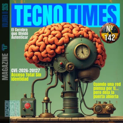 Portada TecnoTimes Nº 142 con cerebro mecánico retro que simboliza controlador de red vulnerable por CVE-2026-20127 y fallo crítico de autenticación en Cisco SD-WAN.