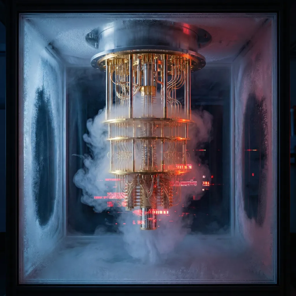 Refrigerador criogénico de computación cuántica con qubits suspendidos en una cámara de enfriamiento extremo, iluminado en tonos dorados y azules.