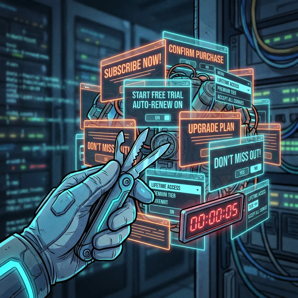 Ráfagas de dopamina diseñadas para el secuestro de la voluntad Mano sosteniendo un cortauñas frente a botones digitales flotantes como “Subscribe”, “Confirm purchase” y “Upgrade plan”, en un entorno de servidores, simbolizando diseño persuasivo y manipulación digital.