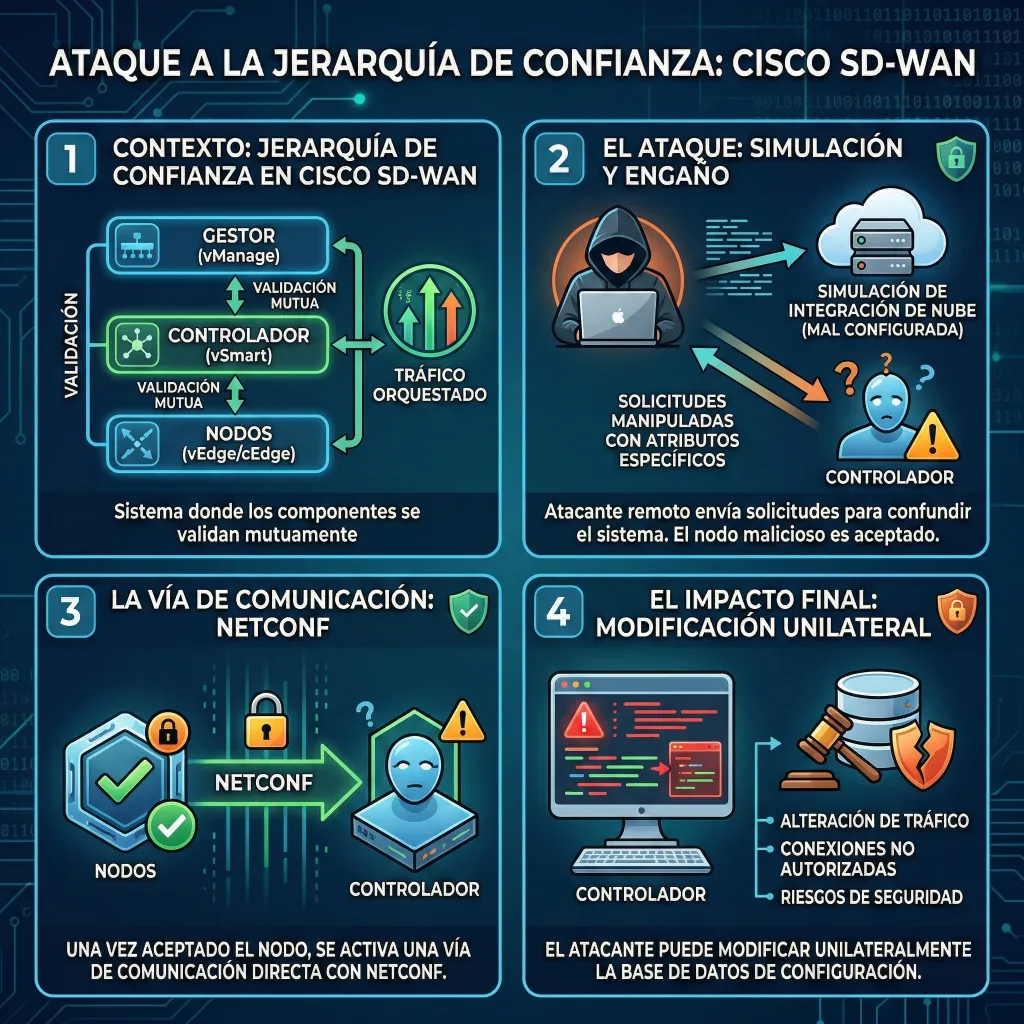 Ataque a la jerarquía de confianza Cisco SD-WAN – CVE-2026-20127 Diagrama del ataque a la jerarquía de confianza en Cisco SD-WAN donde un nodo malicioso simula integración legítima, establece comunicación NETCONF y permite modificación unilateral de la configuración.