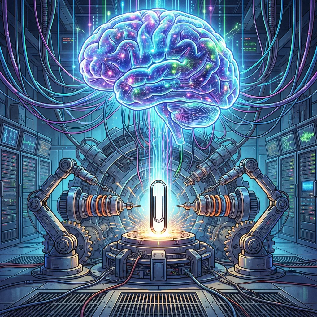 Tesis de la Ortogonalidad – Inteligencia sin moral en la IA Cerebro artificial conectado a cables en un laboratorio futurista manipulando un clip metálico, representación visual de la Tesis de la Ortogonalidad y la separación entre inteligencia y valores en la IA.