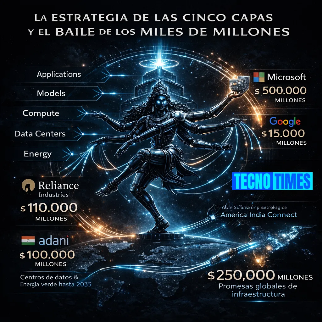 La Estrategia de las Cinco Capas y el baile de los miles de millones – Infraestructura de IA en India 2026 Infografía sobre la Estrategia de las Cinco Capas de India en IA, mostrando inversiones de Reliance (110.000 millones), Adani (100.000 millones), Microsoft (50.000 millones), Google (15.000 millones) y 250.000 millones en promesas globales de infraestructura.