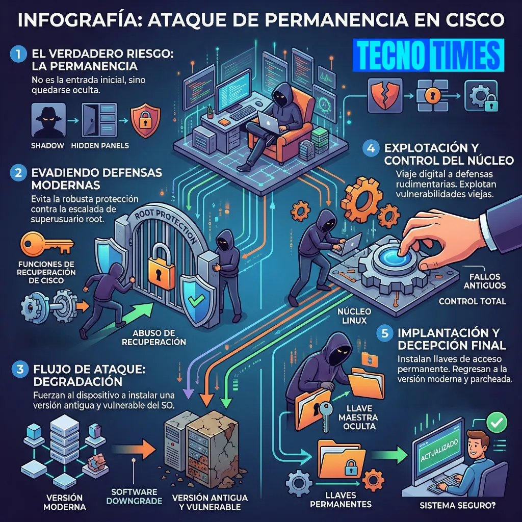 Ataque de degradación y persistencia en Cisco SD-WAN – CVE-2026-20127 Infografía técnica sobre ataque de permanencia en Cisco SD-WAN donde el atacante fuerza degradación de software, explota versiones antiguas vulnerables, implanta llaves maestras ocultas y restaura la versión moderna para mantener acceso persistente.