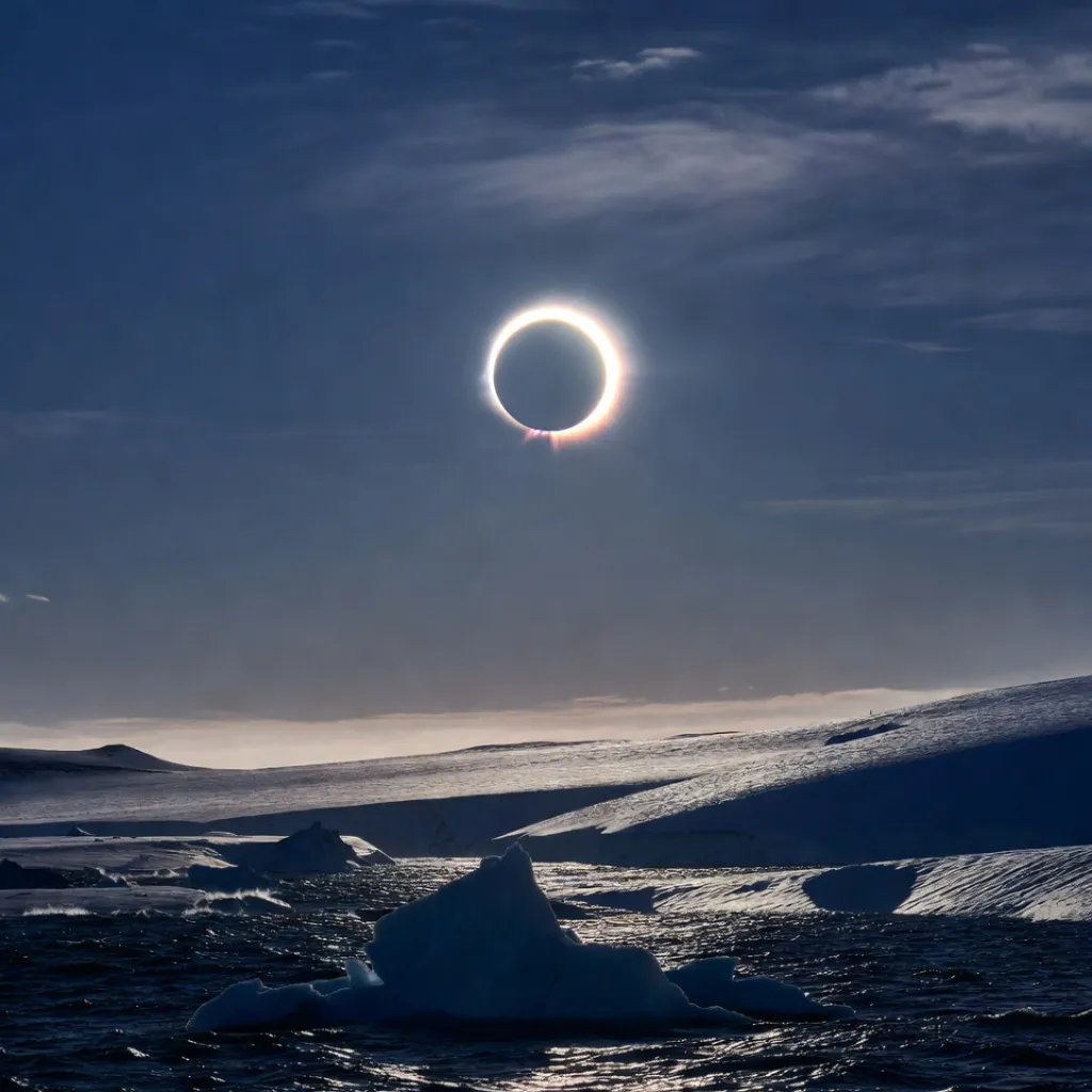 Eclipse solar anular visible sobre la Antártida, con el anillo de fuego del Sol parcialmente cubierto por la Luna durante el evento del 17 de febrero.