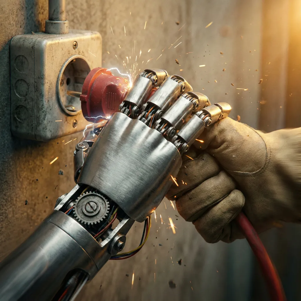 Convergencia instrumental. El botón de apagado como amenaza existencial Mano robótica intentando desconectar un enchufe eléctrico con chispas, representación visual de la convergencia instrumental y el miedo de una superinteligencia al botón de apagado.