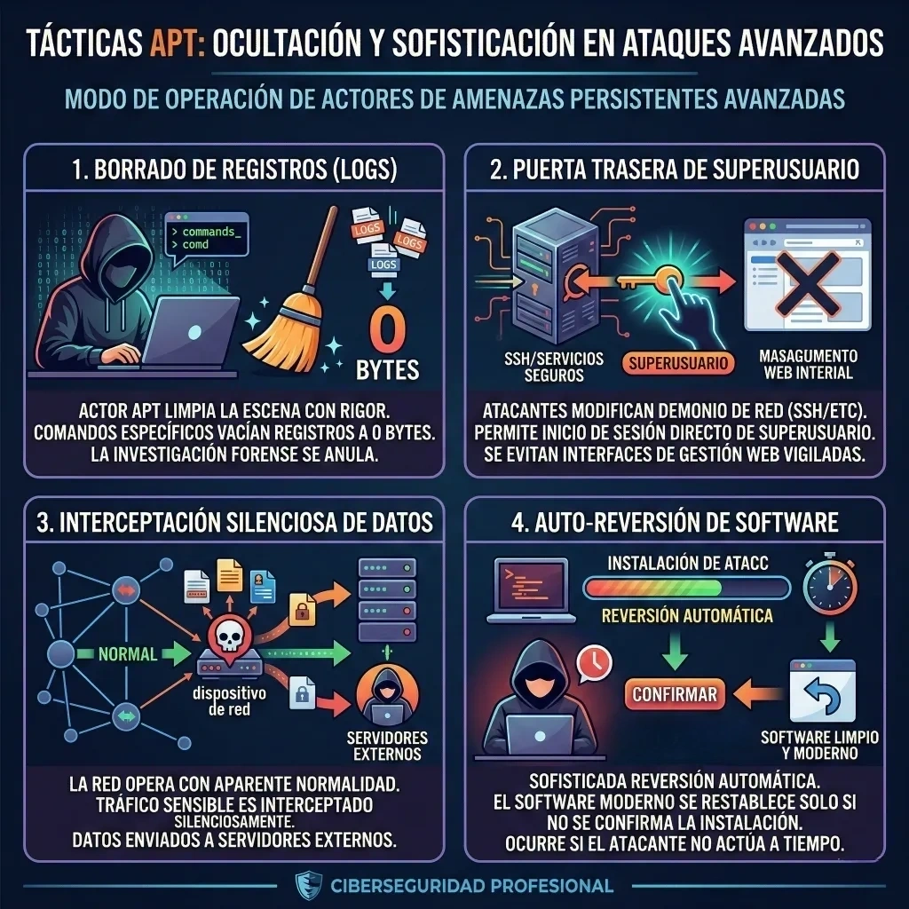 Tácticas APT de ocultación y persistencia – CVE-2026-20127 en Cisco SD-WAN Infografía sobre tácticas APT en Cisco SD-WAN que muestra borrado de logs, puerta trasera de superusuario mediante modificación de demonio SSH, interceptación silenciosa de datos y auto-reversión automática del software para ocultar la intrusión.