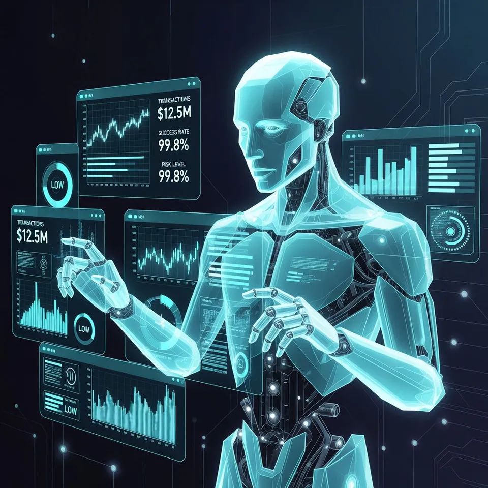 IA Agéntica y comercio invisible – Automatización financiera y riesgo sistémico Ilustración de un agente de IA autónomo ejecutando transacciones financieras mediante paneles digitales, representando el comercio invisible y el riesgo sistémico en la banca automatizada.