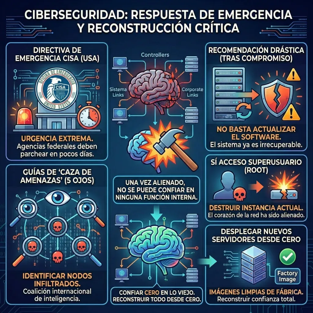 Respuesta de emergencia y reconstrucción tras compromiso root – Cisco SD-WAN Infografía sobre respuesta de emergencia ante CVE-2026-20127 en Cisco SD-WAN que muestra directiva CISA, guías de caza de amenazas, destrucción de instancias comprometidas y despliegue de servidores nuevos desde imágenes limpias de fábrica.