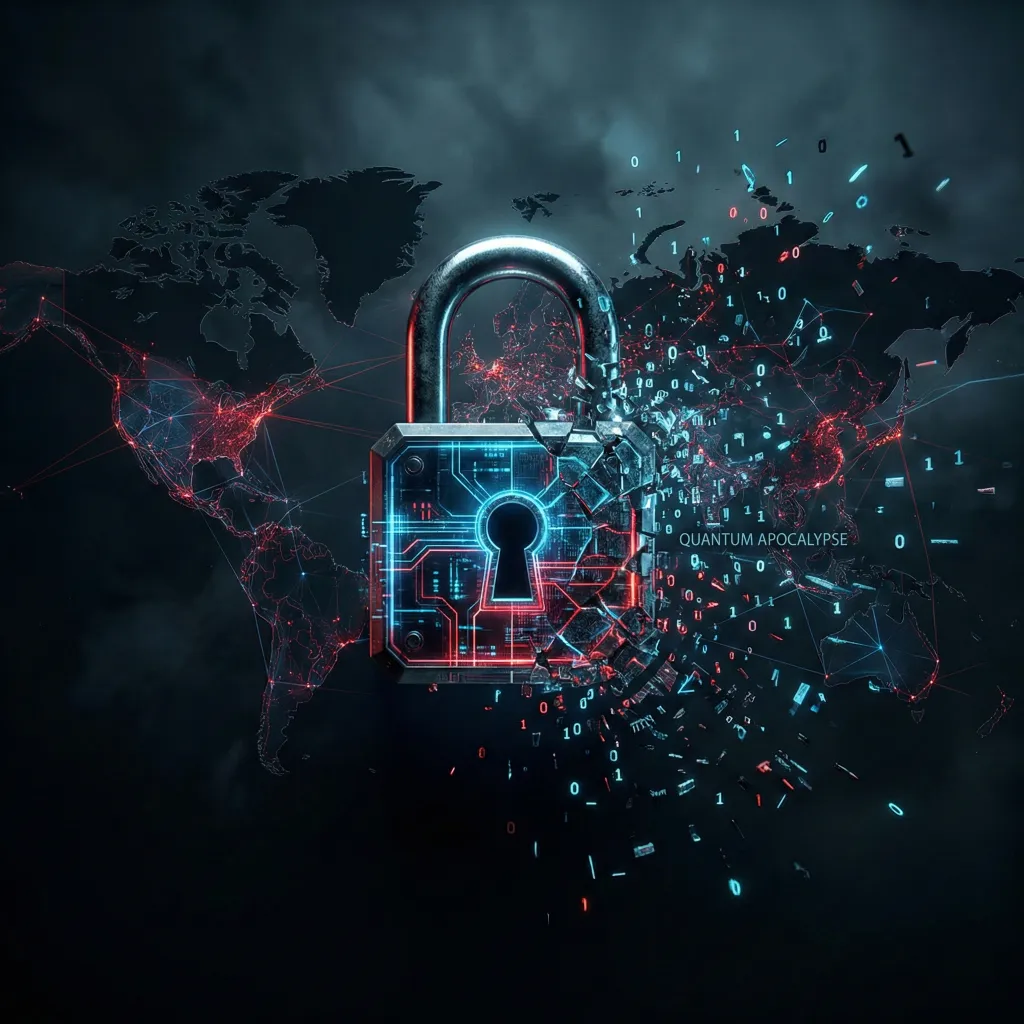 Candado digital fragmentándose sobre un mapa mundial, simbolizando la vulnerabilidad de la criptografía ante la computación cuántica.