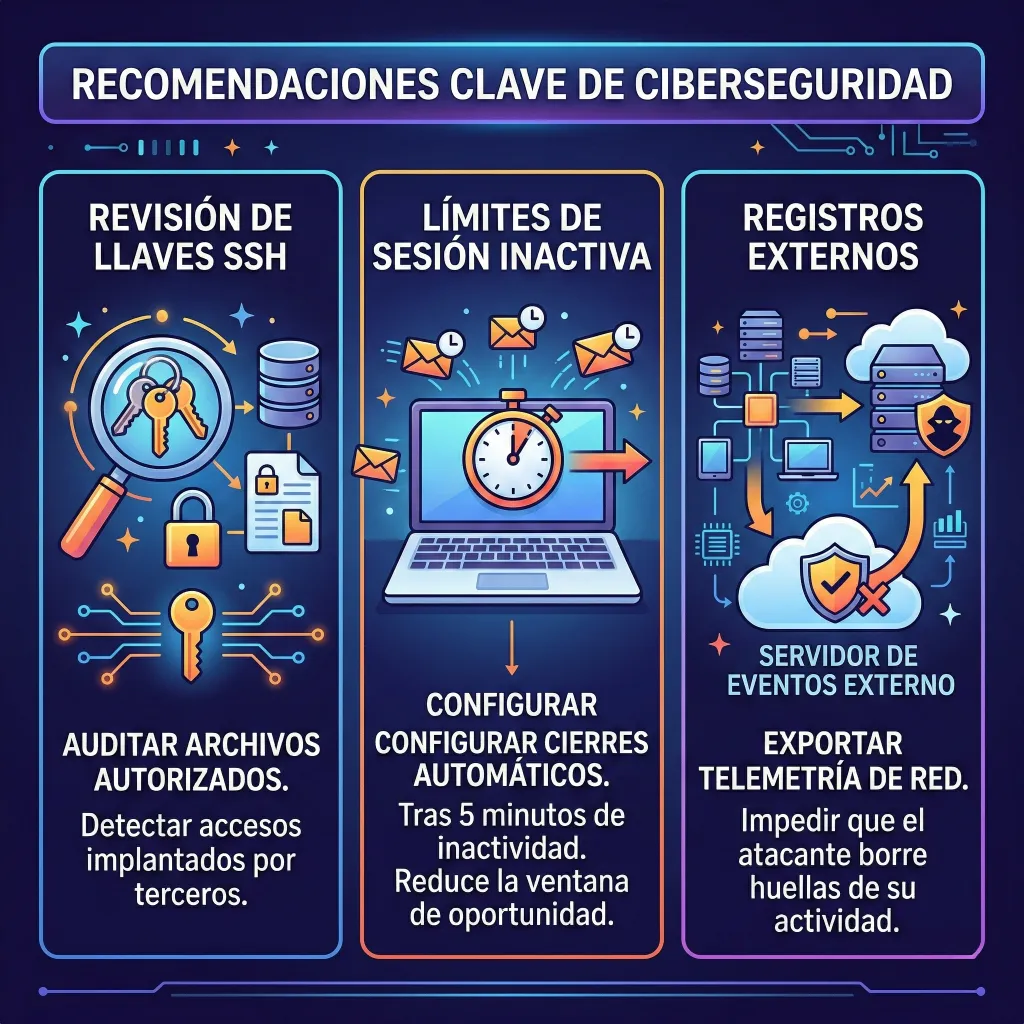 Recomendaciones de bastionado y monitoreo – Cisco SD-WAN Infografía con recomendaciones clave de ciberseguridad para Cisco SD-WAN: revisión de llaves SSH autorizadas, configuración de límites de sesión inactiva y exportación de registros a servidor externo de eventos.