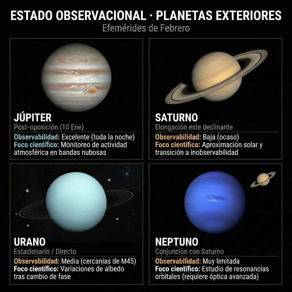 Infografía del estado observacional de los planetas exteriores en febrero, con niveles de observabilidad de Júpiter, Saturno, Urano y Neptuno para optimizar la observación astronómica.