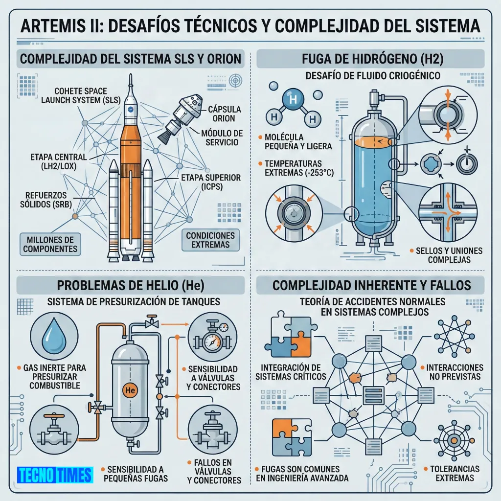 Artemis II – Complejidad técnica del sistema SLS y problemas criogénicos Infografía técnica Artemis II mostrando desafíos del sistema SLS y Orion, fugas de hidrógeno y helio criogénico, complejidad estructural y fallos en ingeniería aeroespacial.