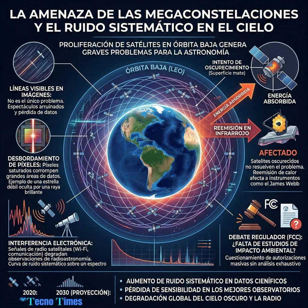 Megaconstelaciones y contaminación astronómica en órbita baja Infografía sobre megaconstelaciones en órbita baja (LEO) mostrando contaminación fotométrica, desbordamiento de píxeles (blooming), reemisión infrarroja, interferencia electrónica y aumento del ruido sistemático en datos astronómicos.
