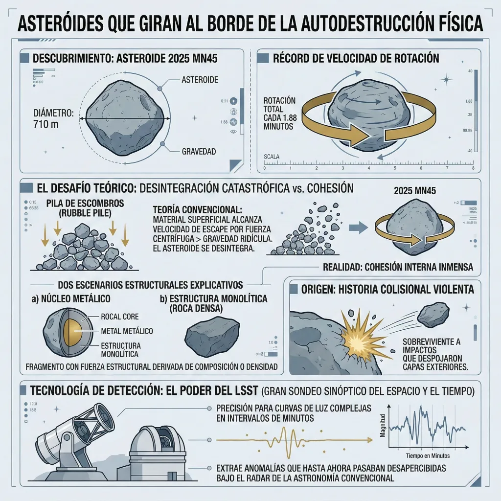 Asteroide 2025 MN45 – Rotación límite y cohesión estructural detectada por LSST Infografía del asteroide 2025 MN45 mostrando rotación extrema de 1,88 minutos, comparación entre estructura tipo “rubble pile” y núcleo monolítico, cohesión interna y detección mediante LSST.