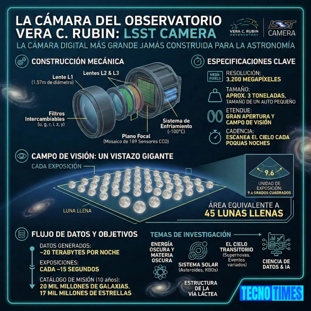 Cámara LSST del Observatorio Vera C. Rubin – Arquitectura y especificaciones clave Infografía de la cámara LSST del Observatorio Vera C. Rubin mostrando construcción mecánica, resolución de 3.200 megapíxeles, campo de visión equivalente a 45 lunas llenas y flujo masivo de datos astronómicos.