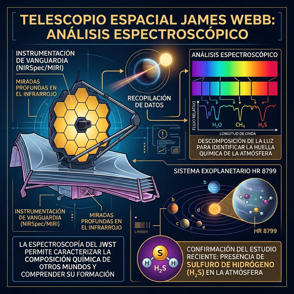 James Webb – Análisis espectroscópico y confirmación de H2S en HR 8799 Infografía del telescopio espacial James Webb mostrando análisis espectroscópico en infrarrojo, instrumentos NIRSpec y MIRI, espectro de absorción y detección de sulfuro de hidrógeno (H2S) en el sistema HR 8799.