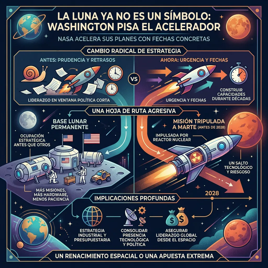 Estrategia lunar y marciana de la NASA: base permanente, misión nuclear a Marte y nueva carrera espacial Infografía sobre la estrategia de la NASA para la Luna y Marte, mostrando el cambio hacia una base lunar permanente, misiones aceleradas y propulsión nuclear en la nueva carrera espacial.