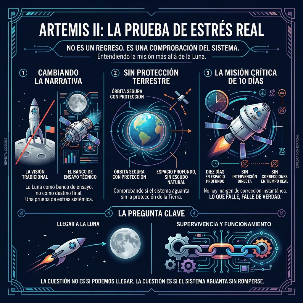 Infografía técnica de Artemis II que muestra la misión como prueba de estrés del sistema en espacio profundo, incluyendo órbita sin protección terrestre y operación sin margen de error