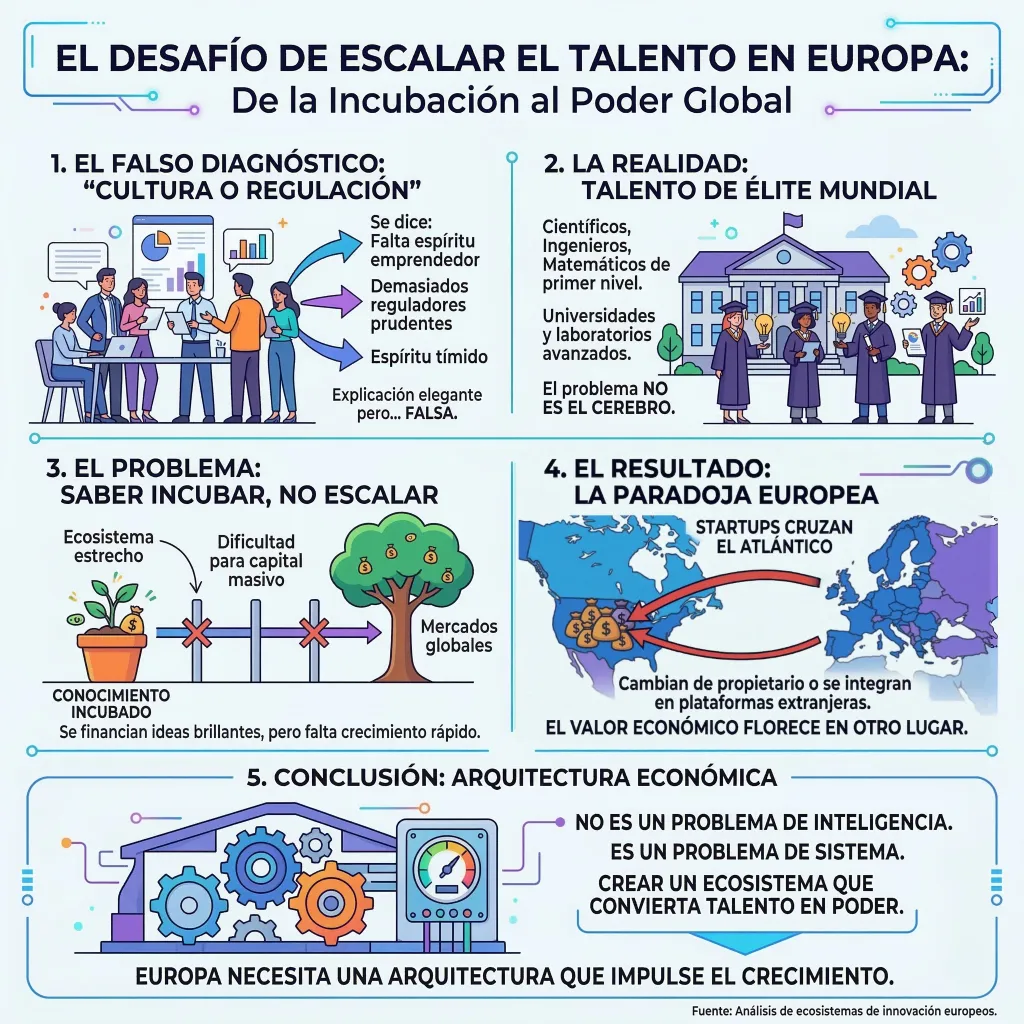 Infografía sobre el desafío de escalar el talento tecnológico en Europa.