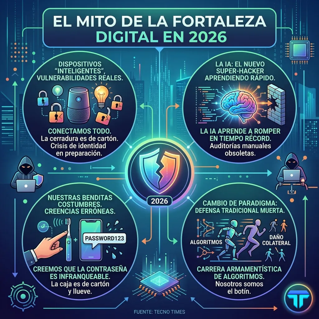 El mito de la fortaleza digital en 2026 Infografía sobre el mito de la fortaleza digital en 2026 y las vulnerabilidades reales en ciberseguridad, IA y sistemas conectados