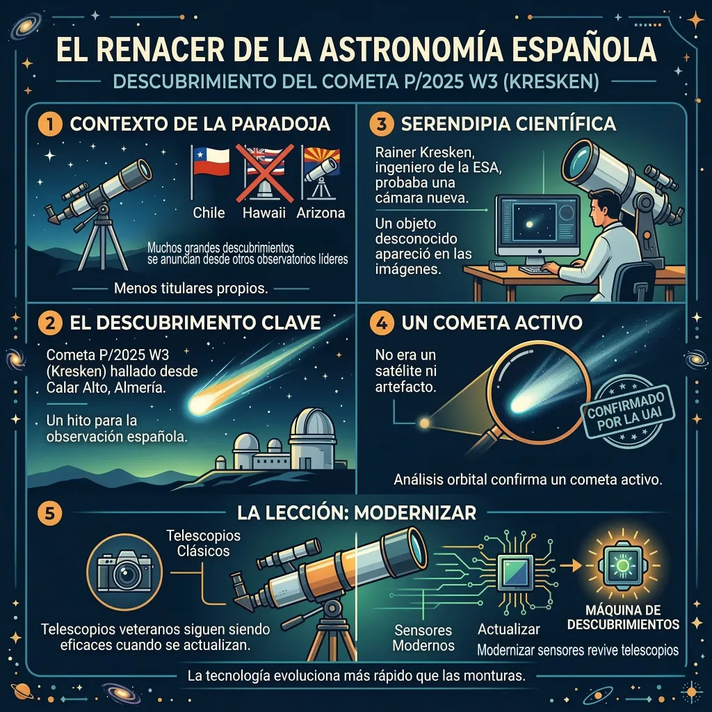 Infografía sobre el descubrimiento del cometa P/2025 W3 (Kresken) desde el Observatorio de Calar Alto en Almería y el papel de los telescopios modernizados en la astronomía española.