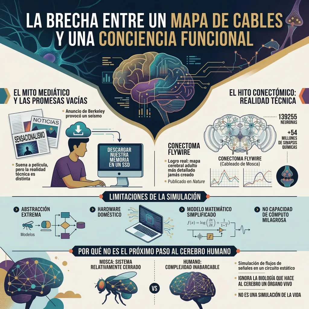 Infografía sobre la simulación del cerebro de una mosca que explica la diferencia entre un conectoma y una conciencia funcional.