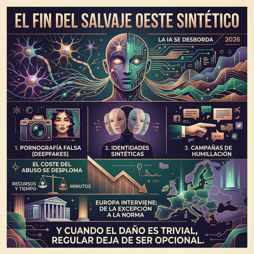 Infografía sobre los riesgos de la inteligencia artificial descontrolada: deepfakes, identidades sintéticas y campañas de manipulación digital en Europa.