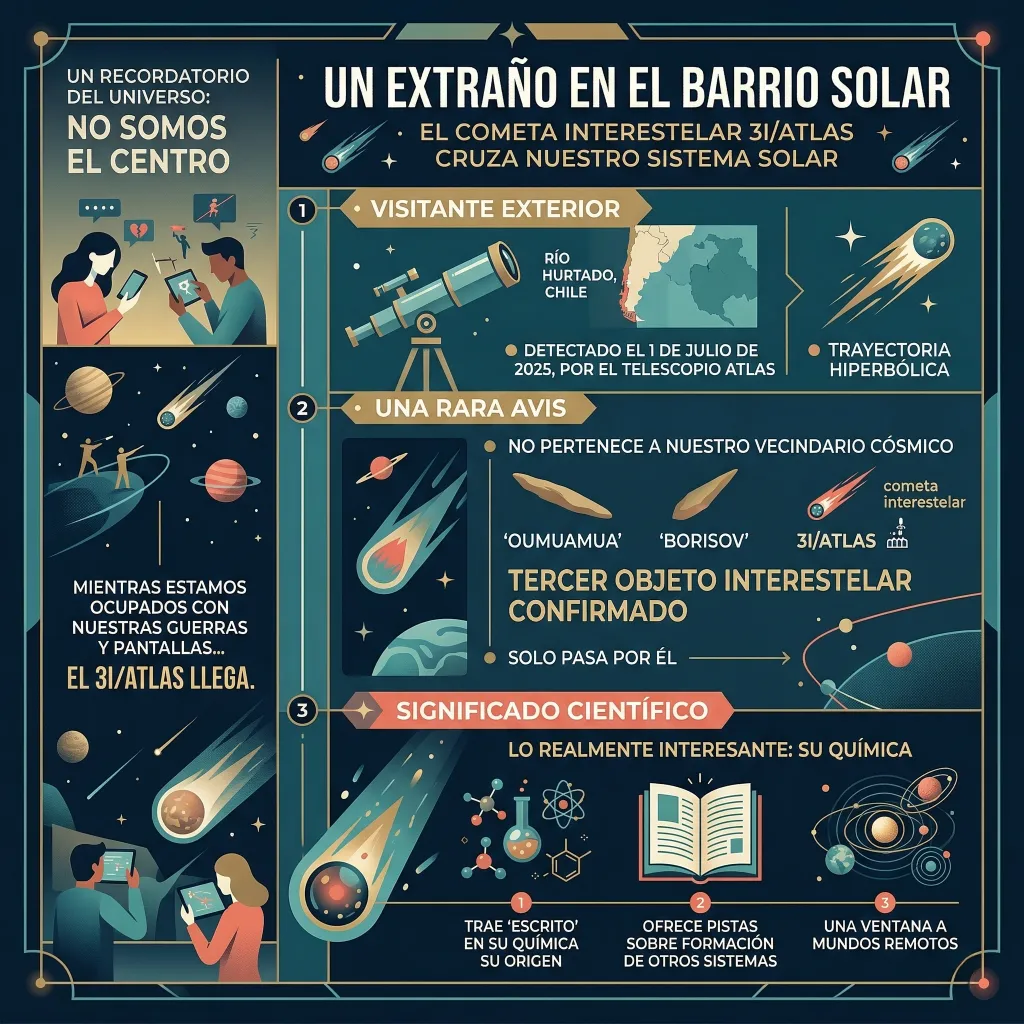 Infografía sobre el cometa interestelar 3I/ATLAS que muestra su detección en Chile, su trayectoria hiperbólica, su origen fuera del sistema solar, comparación con Oumuamua y Borisov, y su relevancia científica basada en su composición química primitiva.