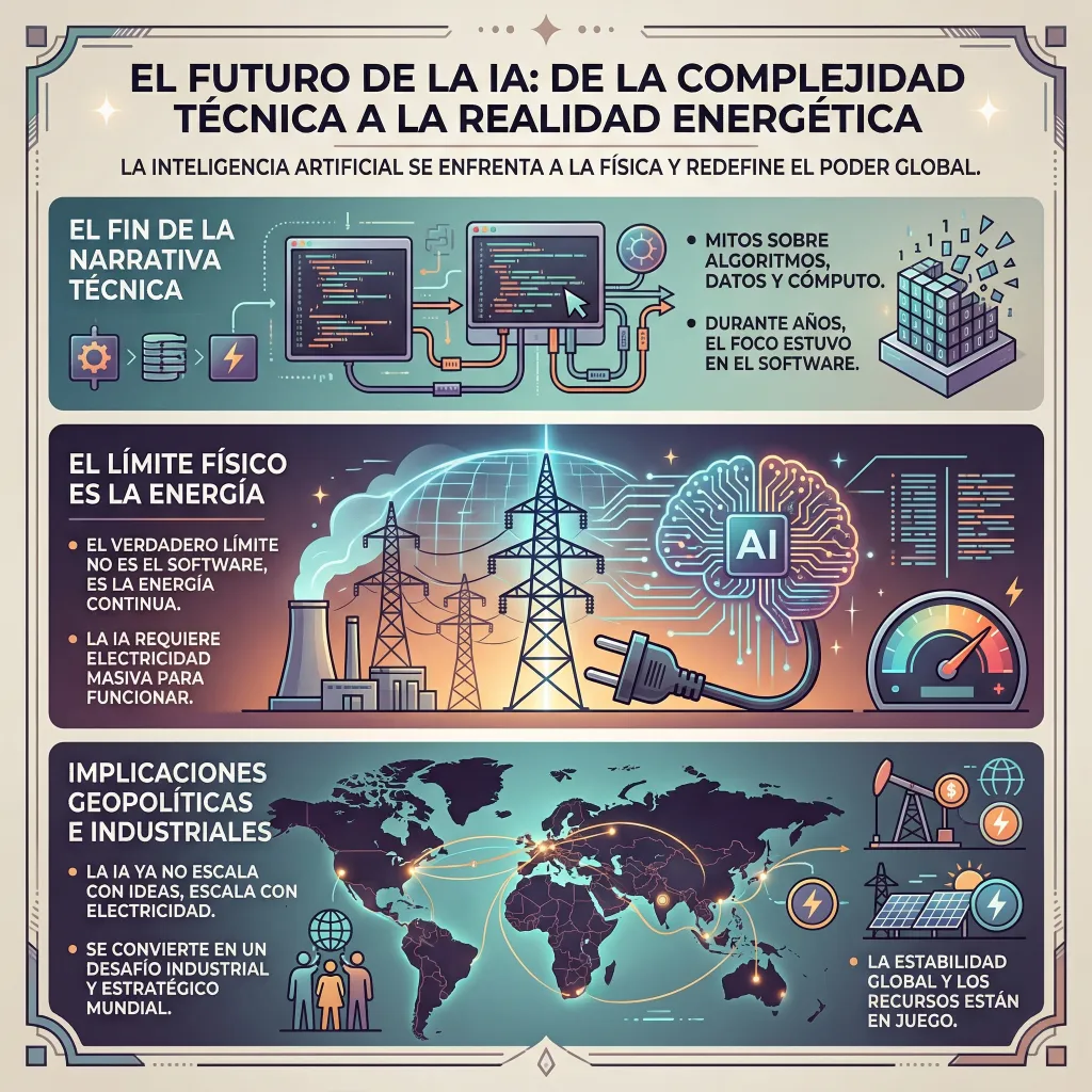 Infografía sobre el impacto energético de la inteligencia artificial, mostrando cómo el límite de la IA pasa del software a la energía, con centros de datos, redes eléctricas e implicaciones geopolíticas.