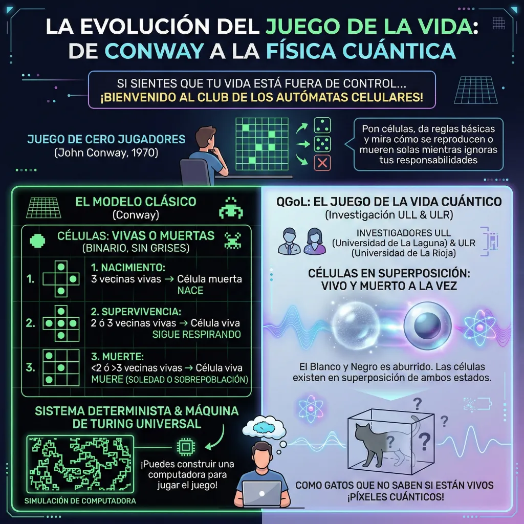 Infografía sobre la evolución del Juego de la Vida de Conway hacia el Juego de la Vida Cuántico (QGoL), mostrando la diferencia entre el modelo clásico determinista de autómatas celulares y su versión basada en superposición cuántica.