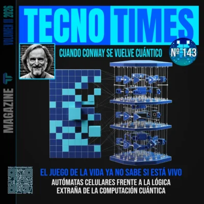 Portada TecnoTimes Nº143: Cuando Conway se vuelve cuántico. Ilustración sobre el Juego de la Vida cuántico (QGoL) que muestra un autómata celular conectado a un circuito de computación cuántica inspirado en John Conway.