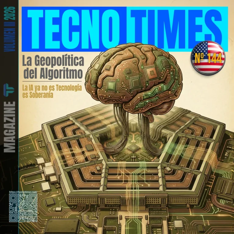 Portada de TecnoTimes nº 144 “La Geopolítica del Algoritmo”, con un cerebro formado por circuitos electrónicos conectado al Pentágono como una placa base, simbolizando la inteligencia artificial como poder geopolítico.