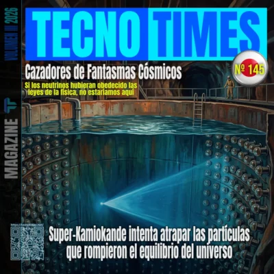 Cazadores de fantasmas cósmicos: detector de neutrinos Super-Kamiokande con radiación de Cherenkov en agua ultrapura, portada del artículo 145 de TecnoTimes sobre neutrinos y asimetría materia-antimateria.