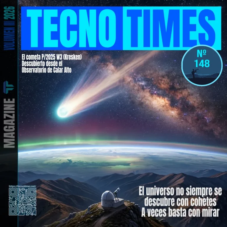 Portada de TecnoTimes nº148 con el descubrimiento del cometa P/2025 W3 (Kresken) desde el observatorio de Calar Alto en España.