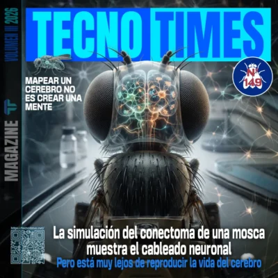 Portada de TecnoTimes nº149 con una mosca cuyo cerebro transparente muestra un conectoma neuronal, simbolizando la simulación del cerebro de insecto.