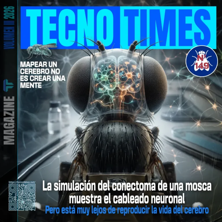 Portada de TecnoTimes nº149 con una mosca cuyo cerebro transparente muestra un conectoma neuronal, simbolizando la simulación del cerebro de insecto.