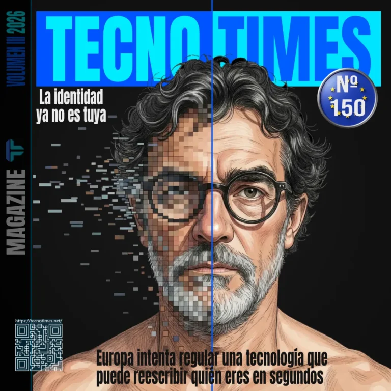 Portada de Tecno Times nº 150 con ilustración de rostro humano-tecnológico y enfoque en inteligencia artificial, regulación y transformación digital en Europa.