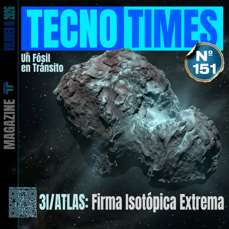 Portada de TecnoTimes número 151 que muestra el cometa interestelar 3I/ATLAS en primer plano, destacando su carácter como objeto externo al sistema solar y su firma isotópica extrema.