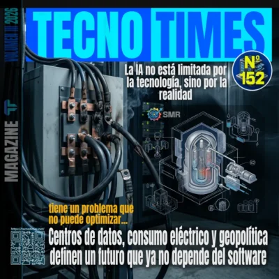 Portada de TecnoTimes Nº 152 sobre el impacto energético de la inteligencia artificial, con cables eléctricos sobrecalentados y un esquema de reactor modular, destacando centros de datos, consumo eléctrico y geopolítica.